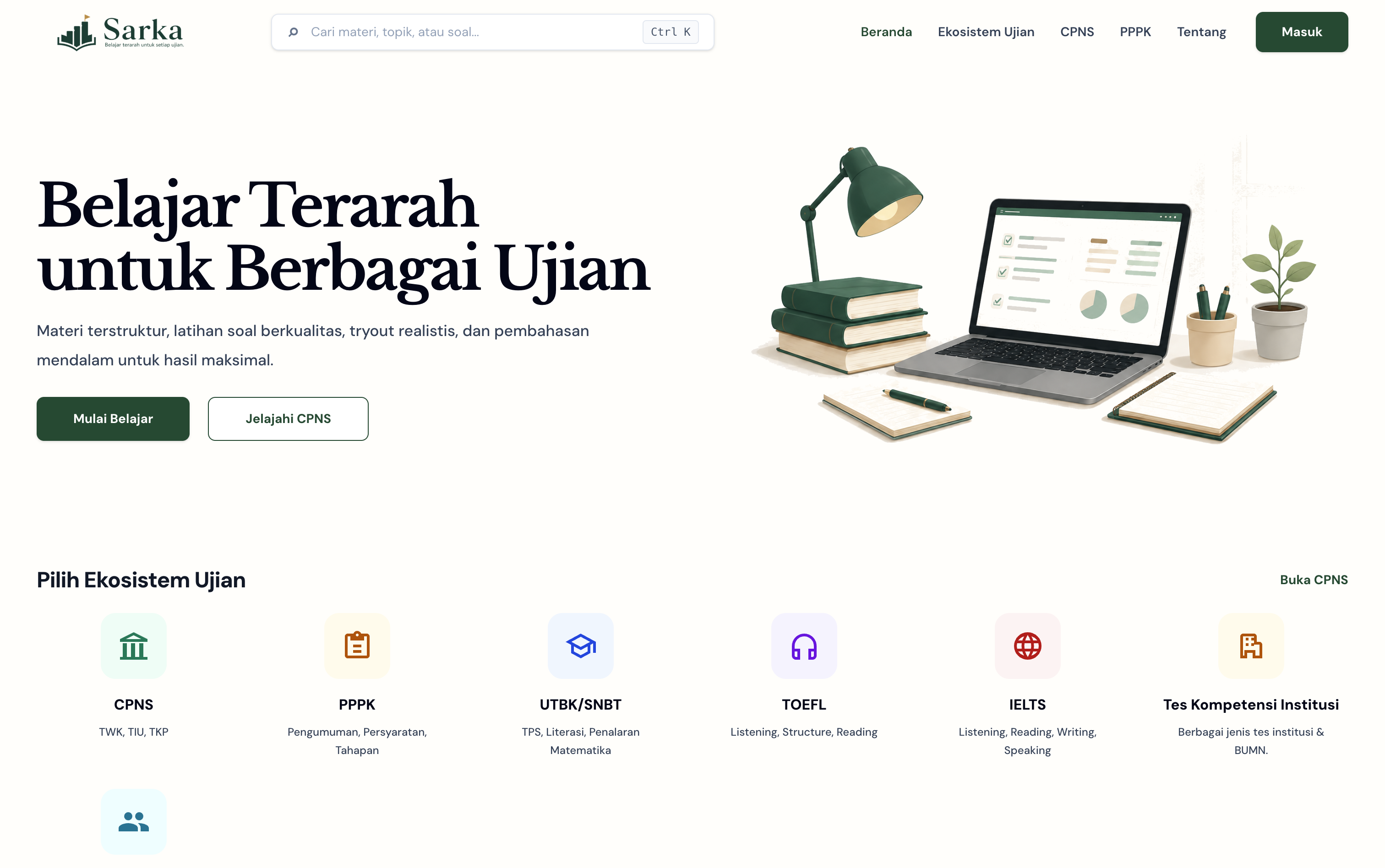 Tampilan platform belajar Sarka StudyHub untuk persiapan CPNS dan PPPK